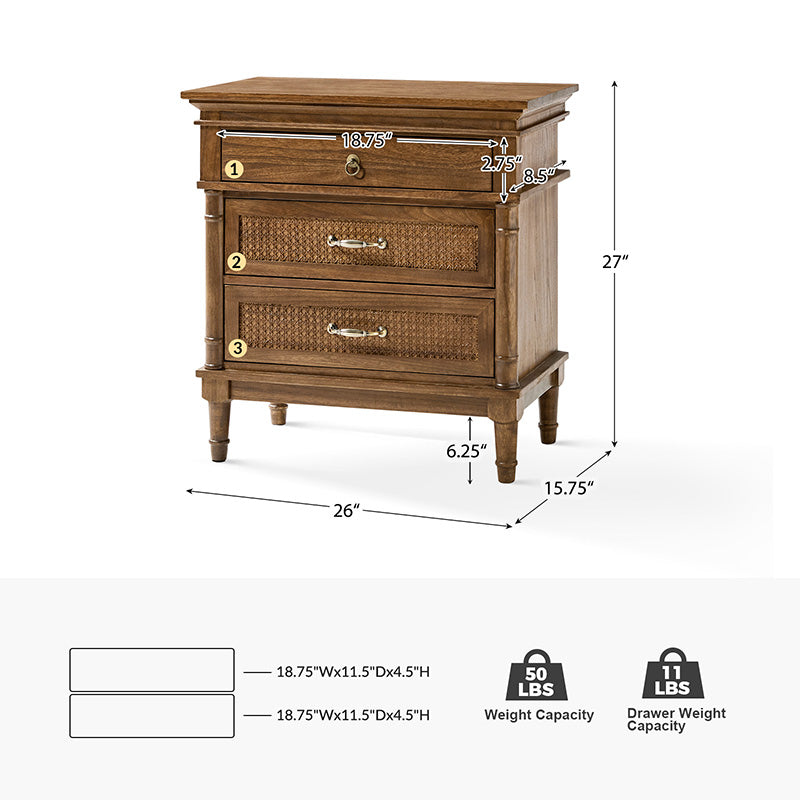 Emilio 3-Drawer Solid Wood Nightstand with USB Charging Port