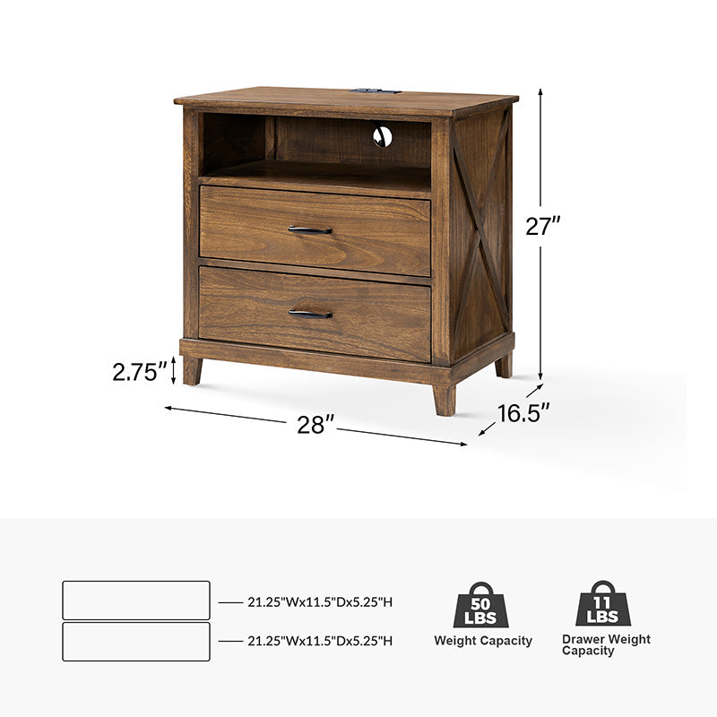 Miriam 2-Drawer Solid Wood Nightstand with Built-in USB Ports