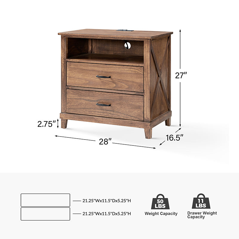 Miriam 2-Drawer Solid Wood Nightstand with Built-in USB Ports