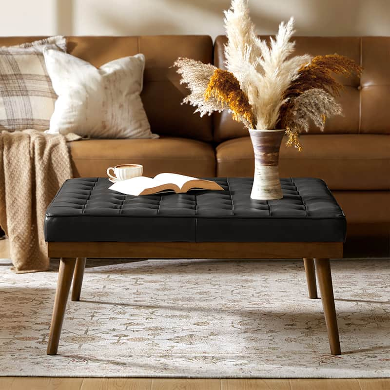 Elisa Mid-century Modern Genuine Leather Ottoman