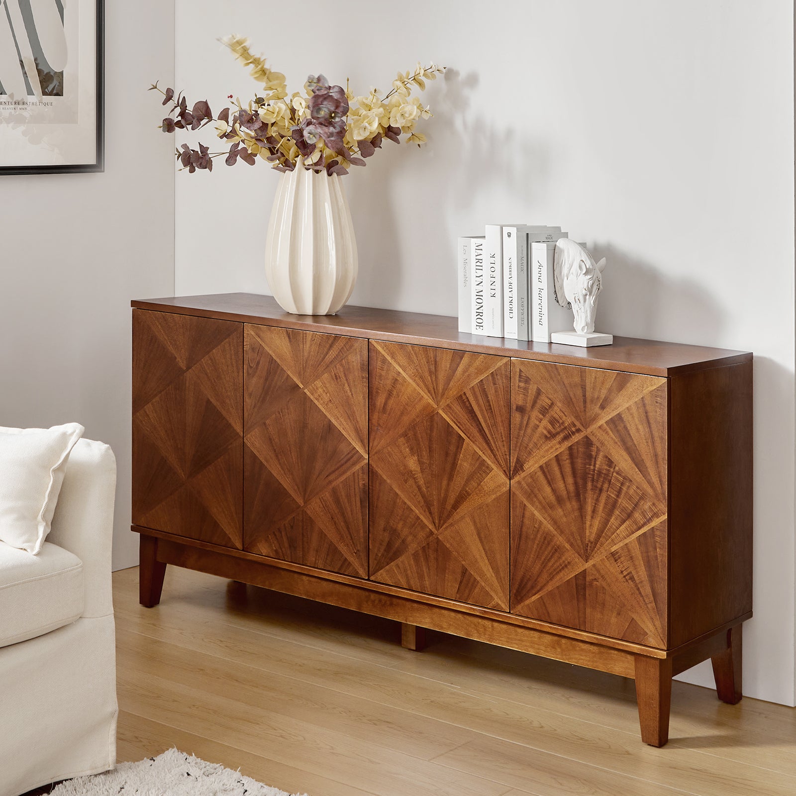 Marcos 60" Wide Mid-century Geometric Patterns Sideboard with Solid Wood Legs