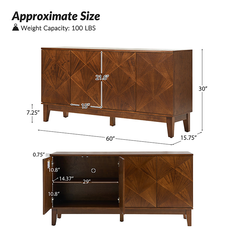 Marcos 60" Wide Mid-century Geometric Patterns Sideboard with Solid Wood Legs