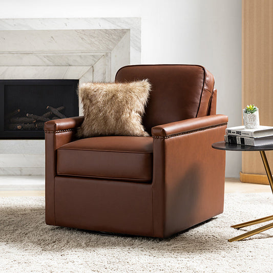 Irene Genuine Leather Swivel Chair Armchair with Nailhead Trims