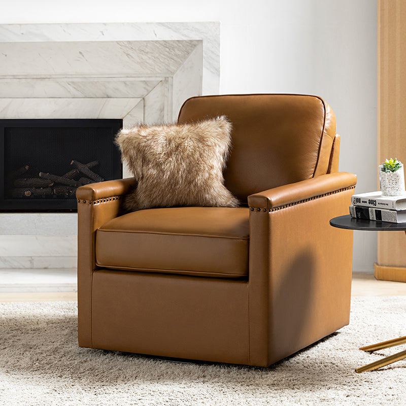 Irene Genuine Leather Swivel Chair Armchair with Nailhead Trims