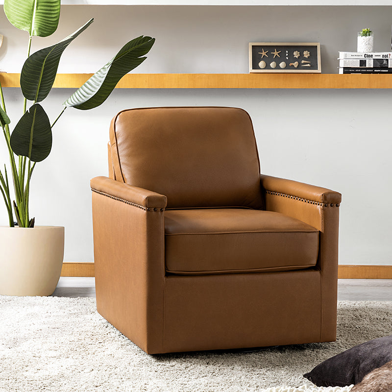 Irene Genuine Leather Swivel Chair Armchair with Nailhead Trims