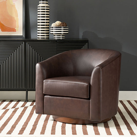 Cathy Geniun Leather Modern Swivel Barrel Chair With Solid Wood Base