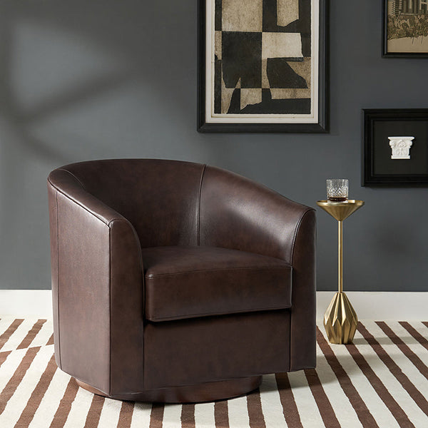 Cathy Geniun Leather Modern Swivel Barrel Chair With Solid Wood Base