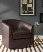 Cathy Geniun Leather Modern Swivel Barrel Chair With Solid Wood Base