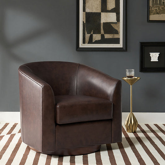 Cathy Geniun Leather Modern Swivel Barrel Chair With Solid Wood Base