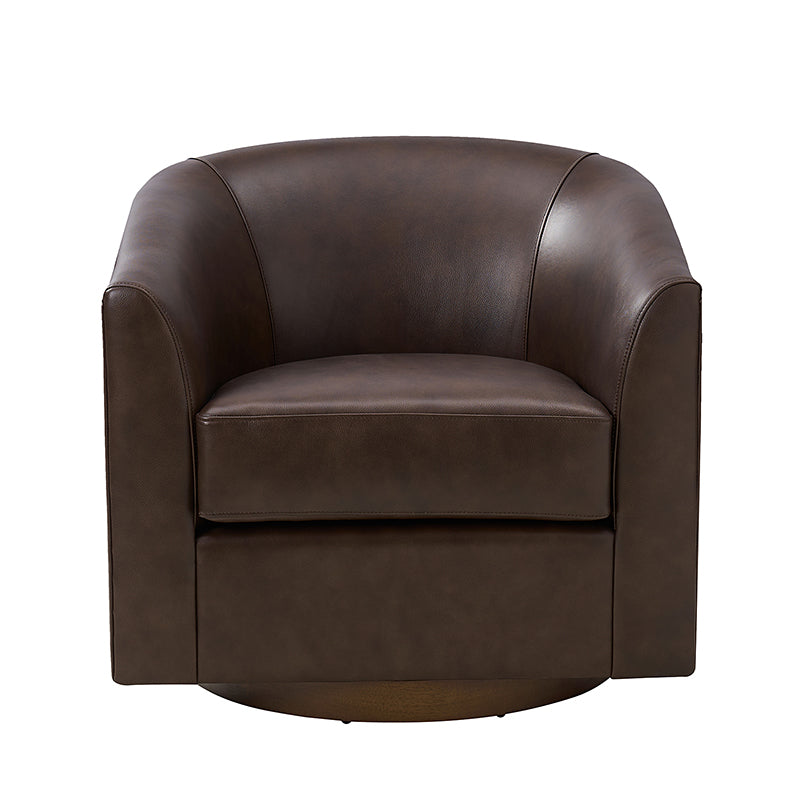 Cathy Geniun Leather Modern Swivel Barrel Chair With Solid Wood Base