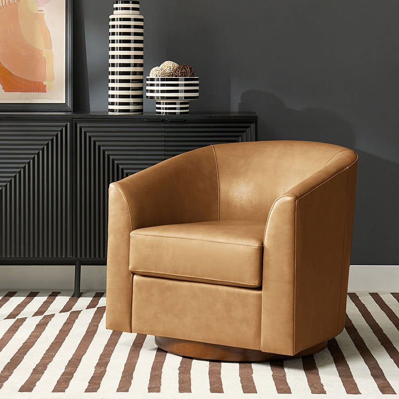 Cathy Geniun Leather Modern Swivel Barrel Chair With Solid Wood Base