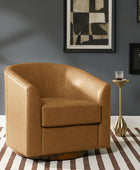 Cathy Geniun Leather Modern Swivel Barrel Chair With Solid Wood Base