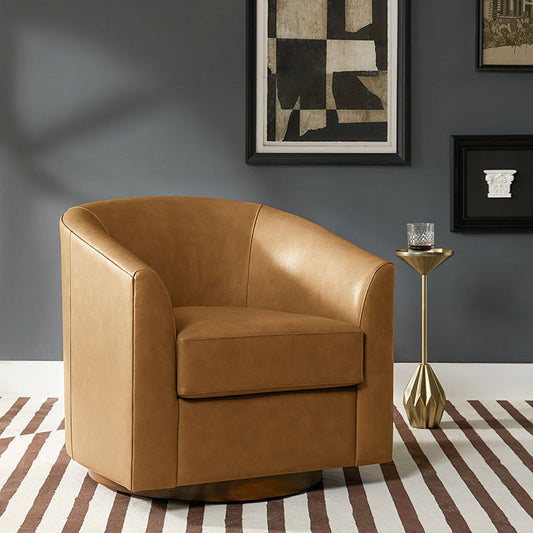 Cathy Geniun Leather Modern Swivel Barrel Chair With Solid Wood Base