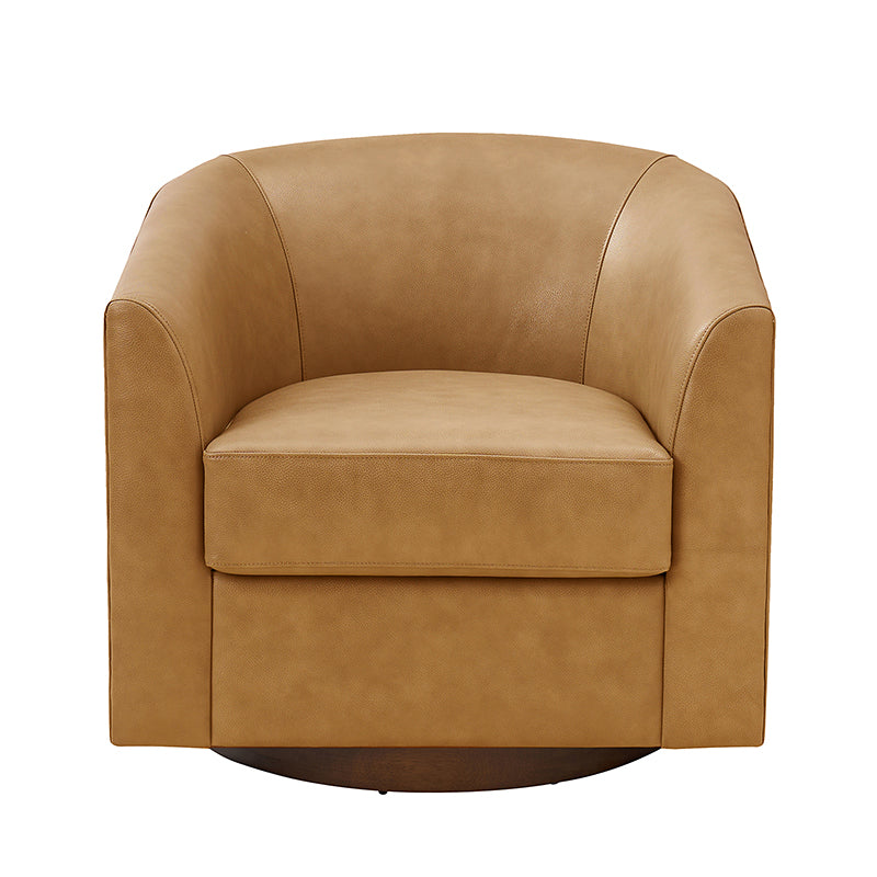 Cathy Geniun Leather Modern Swivel Barrel Chair With Solid Wood Base