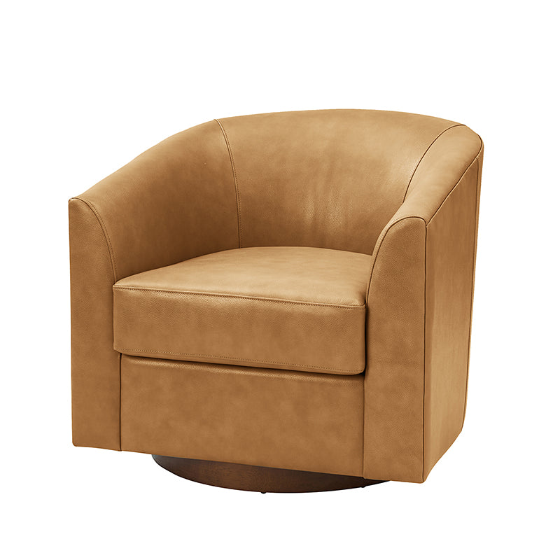 Cathy Geniun Leather Modern Swivel Barrel Chair With Solid Wood Base