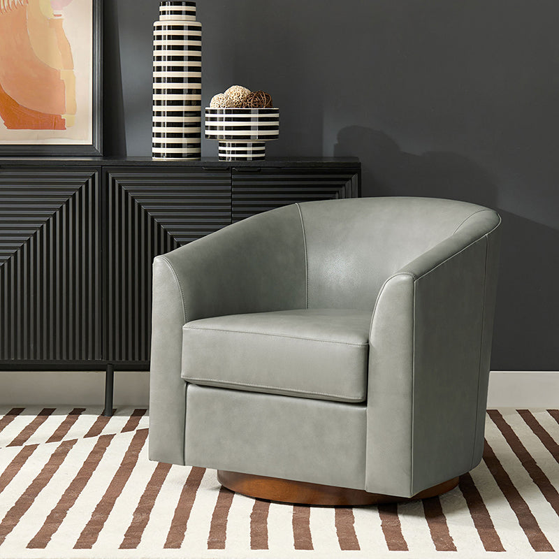 Cathy Geniun Leather Modern Swivel Barrel Chair With Solid Wood Base