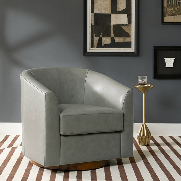 Cathy Geniun Leather Modern Swivel Barrel Chair With Solid Wood Base