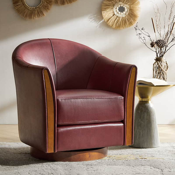 Clara Genuine Leather Swivel Barrel Chair With Solid Wood Base