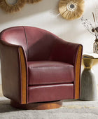 Clara Genuine Leather Swivel Barrel Chair With Solid Wood Base