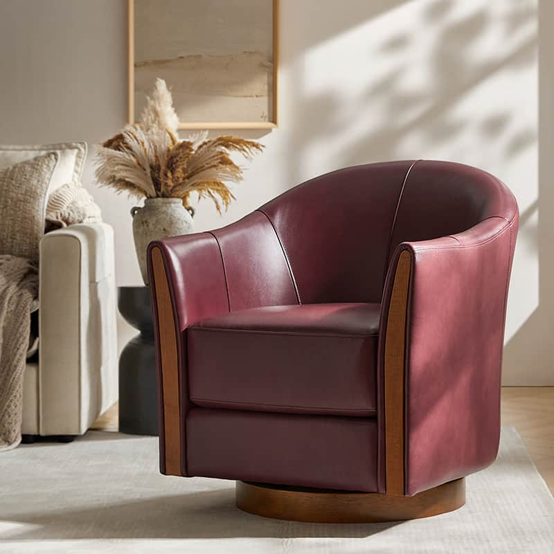 Clara Genuine Leather Swivel Barrel Chair With Solid Wood Base