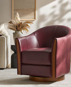 Clara Genuine Leather Swivel Barrel Chair With Solid Wood Base