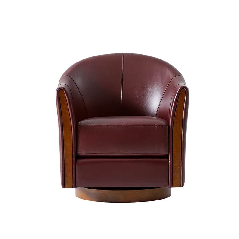 Clara Genuine Leather Swivel Barrel Chair With Solid Wood Base