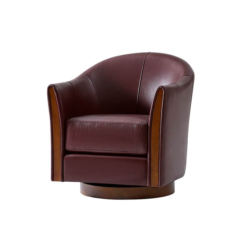 Clara Genuine Leather Swivel Barrel Chair With Solid Wood Base