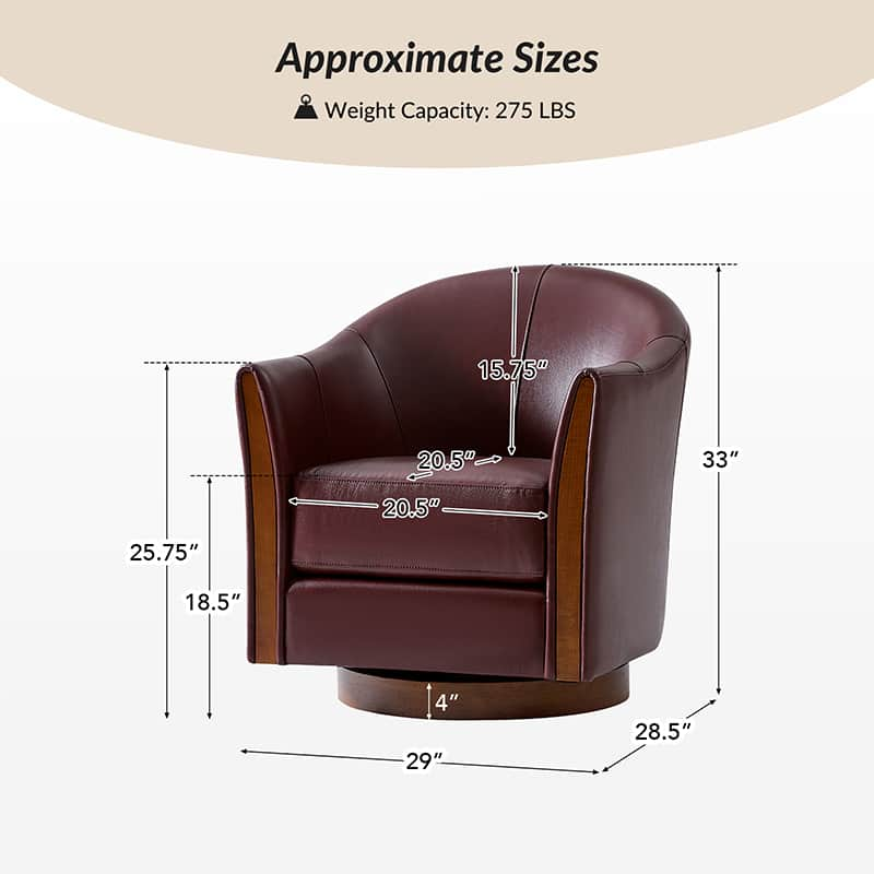 Clara Genuine Leather Swivel Barrel Chair With Solid Wood Base