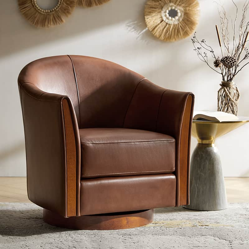 Clara Genuine Leather Swivel Barrel Chair With Solid Wood Base