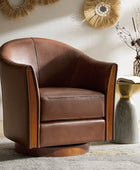 Clara Genuine Leather Swivel Barrel Chair With Solid Wood Base