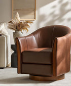 Clara Genuine Leather Swivel Barrel Chair With Solid Wood Base