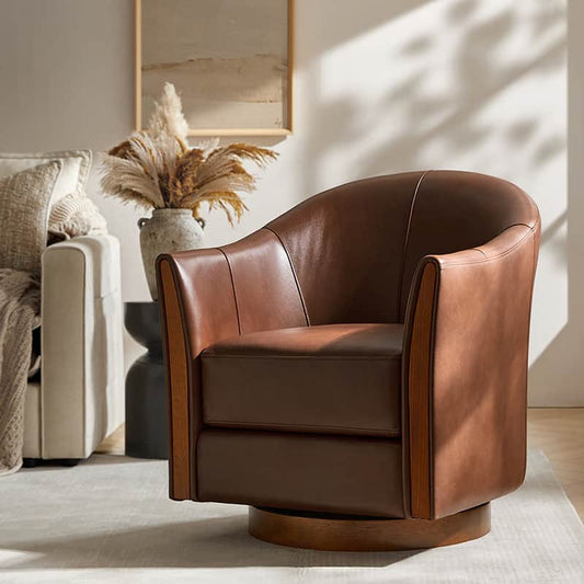 Clara Genuine Leather Swivel Barrel Chair With Solid Wood Base