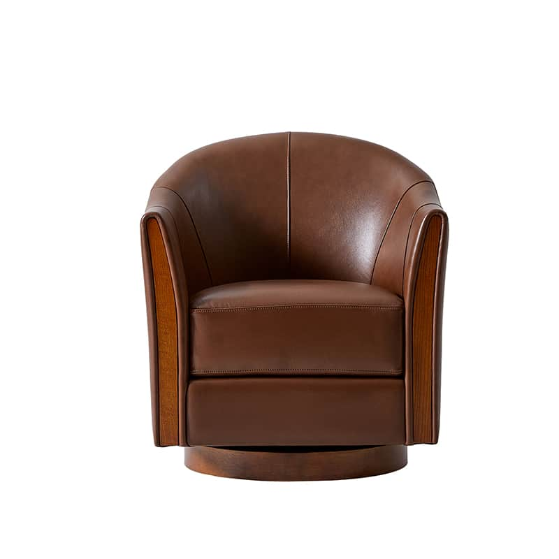 Clara Genuine Leather Swivel Barrel Chair With Solid Wood Base