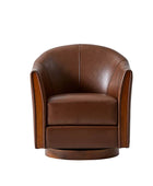 Clara Genuine Leather Swivel Barrel Chair With Solid Wood Base