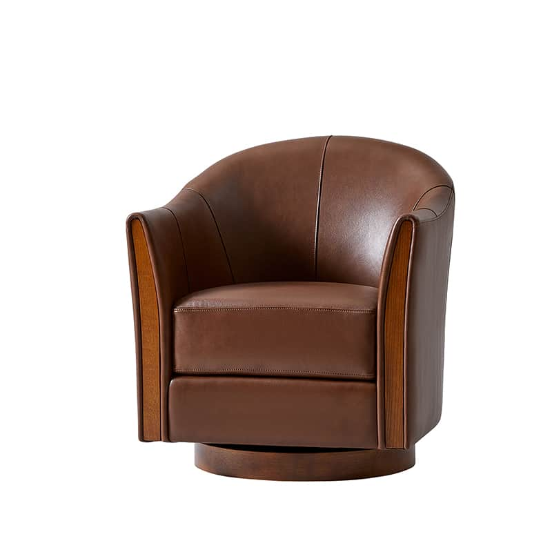 Clara Genuine Leather Swivel Barrel Chair With Solid Wood Base