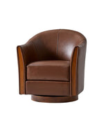 Clara Genuine Leather Swivel Barrel Chair With Solid Wood Base