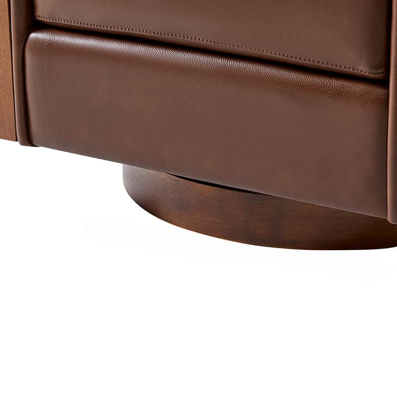 Clara Genuine Leather Swivel Barrel Chair With Solid Wood Base