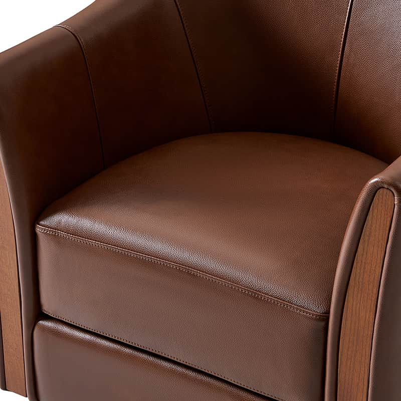 Clara Genuine Leather Swivel Barrel Chair With Solid Wood Base