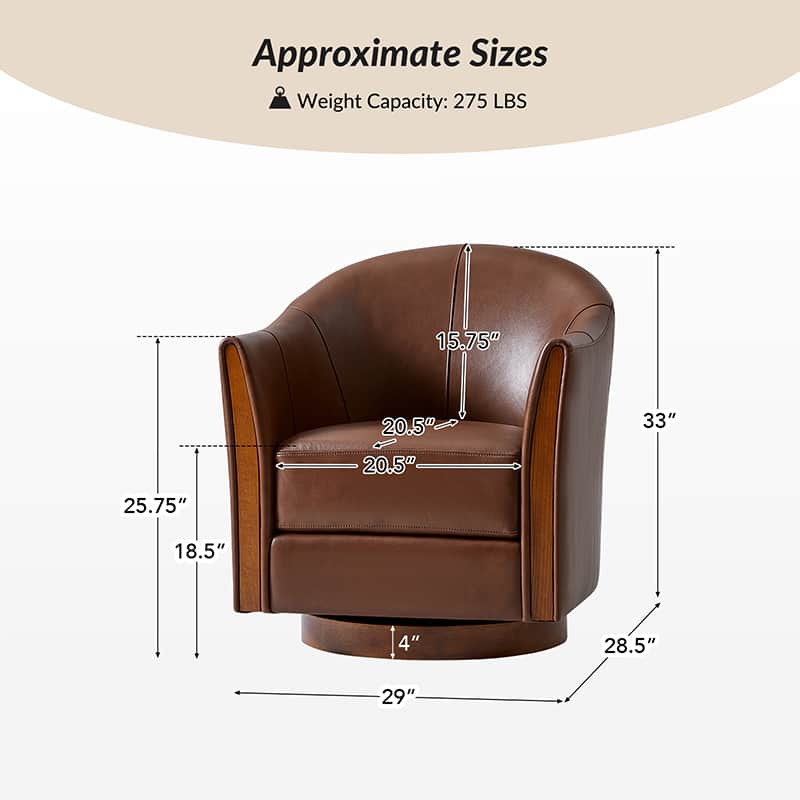 Clara Genuine Leather Swivel Barrel Chair With Solid Wood Base