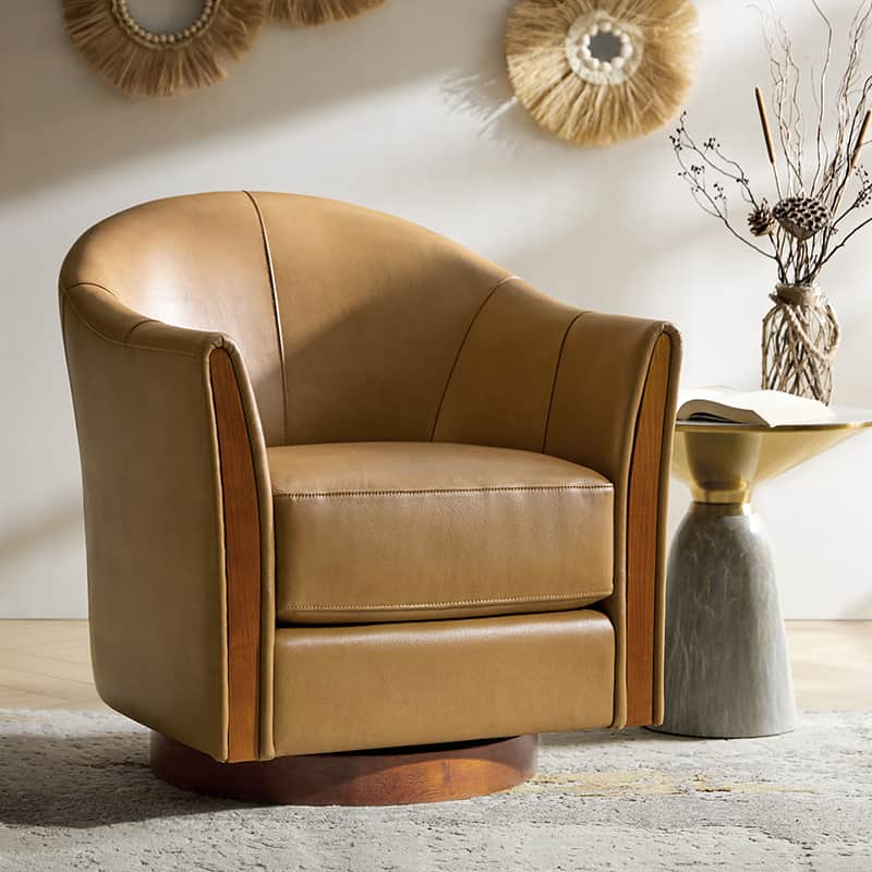 Clara Genuine Leather Swivel Barrel Chair With Solid Wood Base