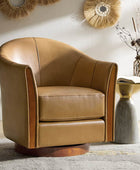 Clara Genuine Leather Swivel Barrel Chair With Solid Wood Base