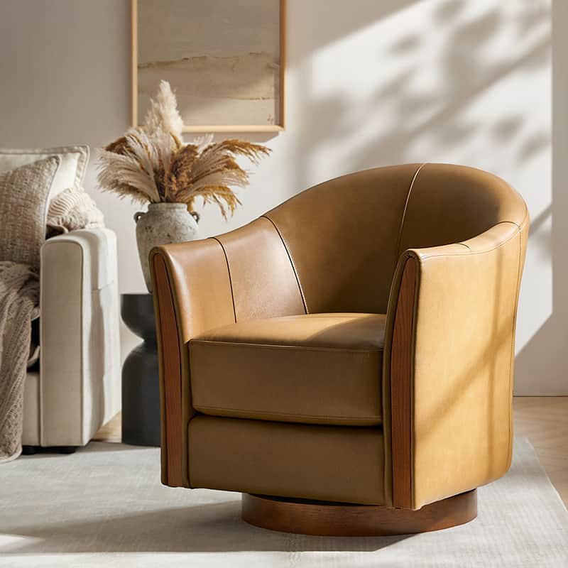 Clara Genuine Leather Swivel Barrel Chair With Solid Wood Base