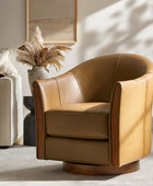 Clara Genuine Leather Swivel Barrel Chair With Solid Wood Base