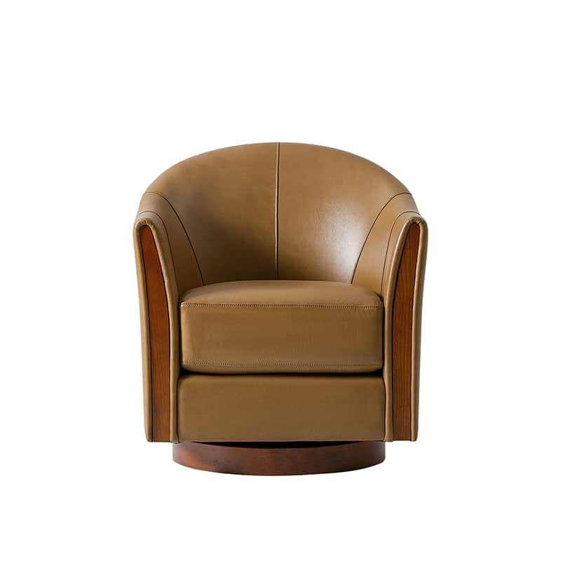 Clara Genuine Leather Swivel Barrel Chair With Solid Wood Base