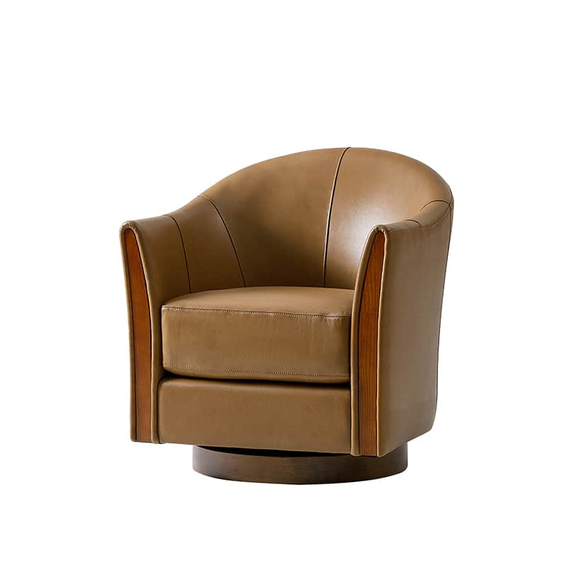 Clara Genuine Leather Swivel Barrel Chair With Solid Wood Base