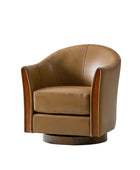 Clara Genuine Leather Swivel Barrel Chair With Solid Wood Base