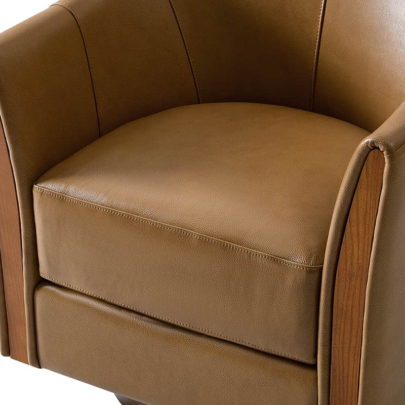 Clara Genuine Leather Swivel Barrel Chair With Solid Wood Base