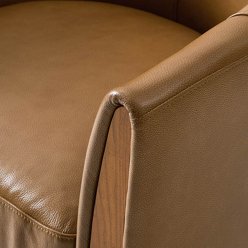 Clara Genuine Leather Swivel Barrel Chair With Solid Wood Base