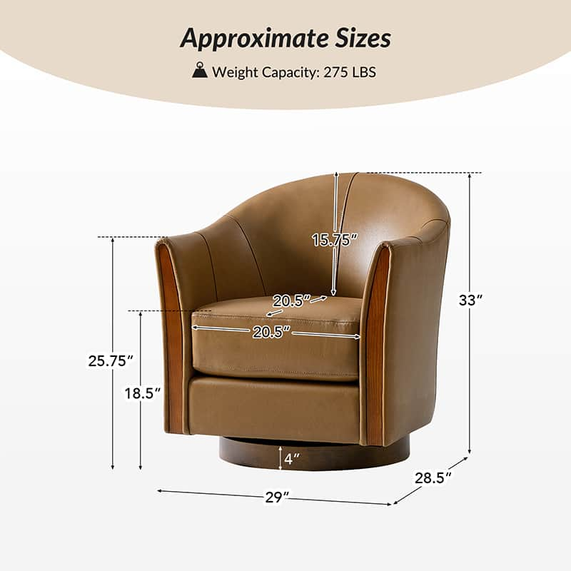 Clara Genuine Leather Swivel Barrel Chair With Solid Wood Base