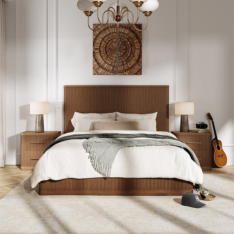 Fluted solid wood bed with oak finish, modern bedroom furniture made from real oak, durable and timeless.